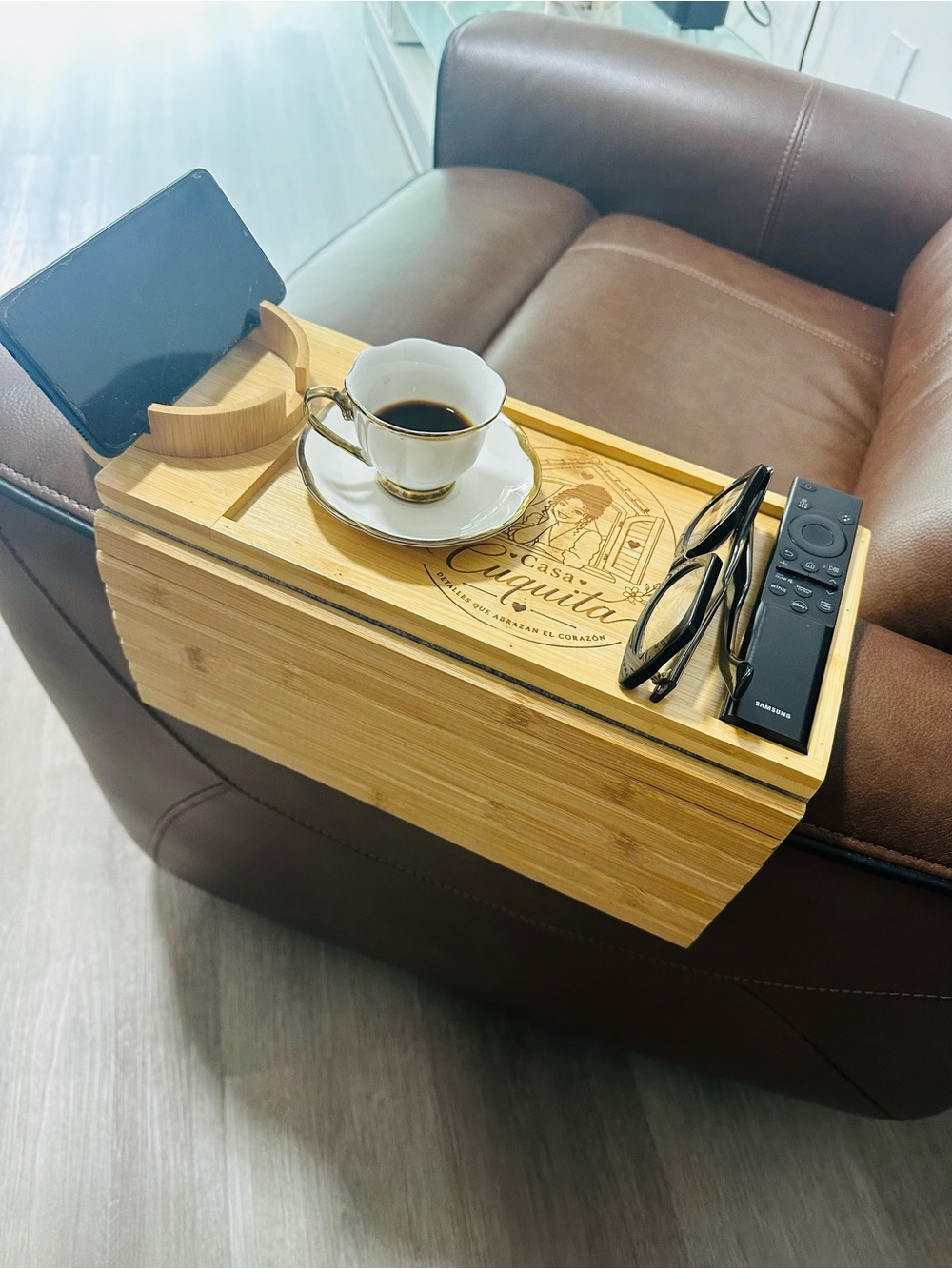 Bamboo Armrest Serving Tray in Natural Brown with Phone Stand